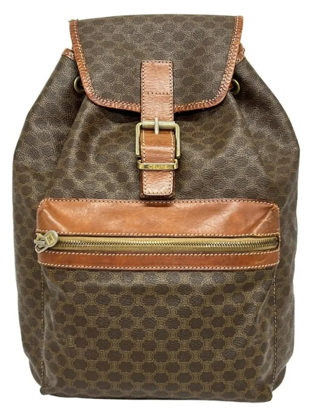 CELINE Macadam Dark Brown Beige Brown PVC Leather Backpack